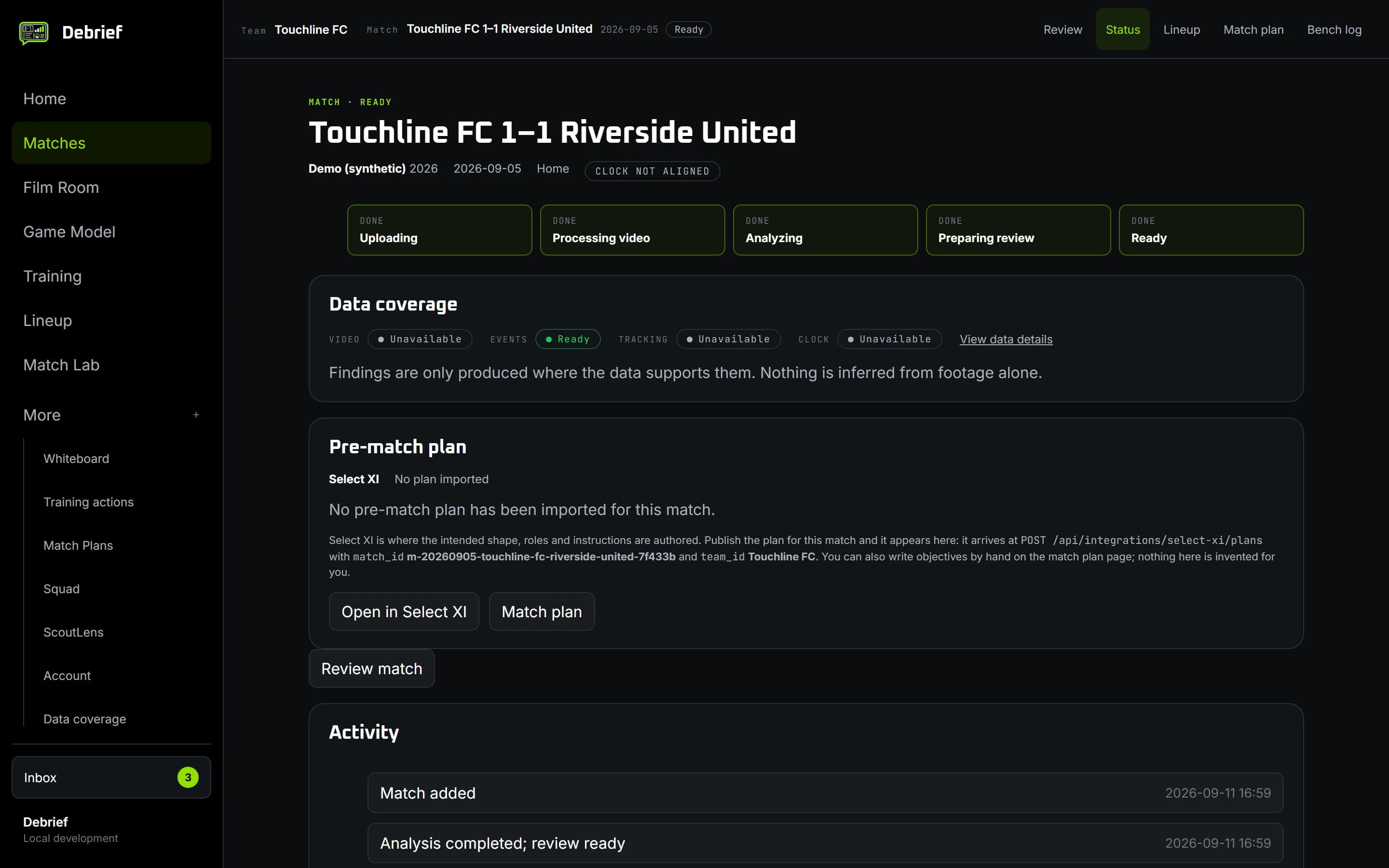 The match page: processing progress and what the data can support