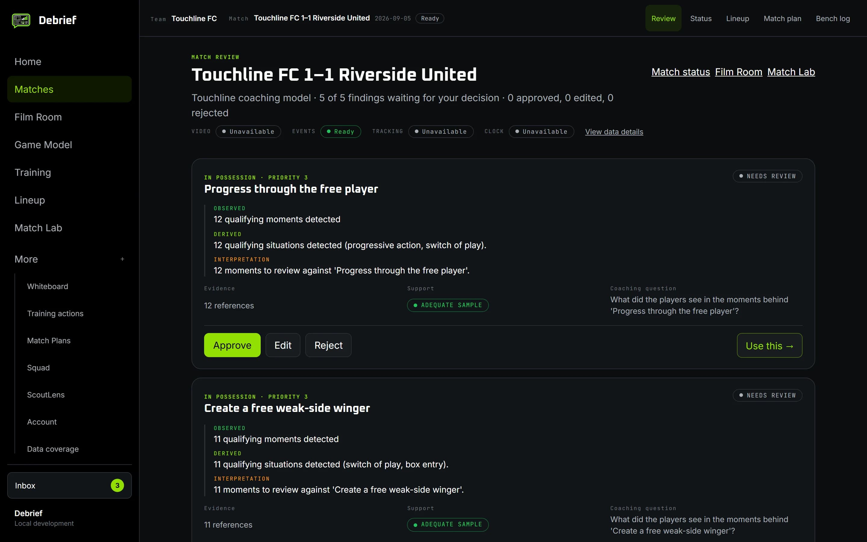 The match review screen: findings for one match, each with its evidence and a decision