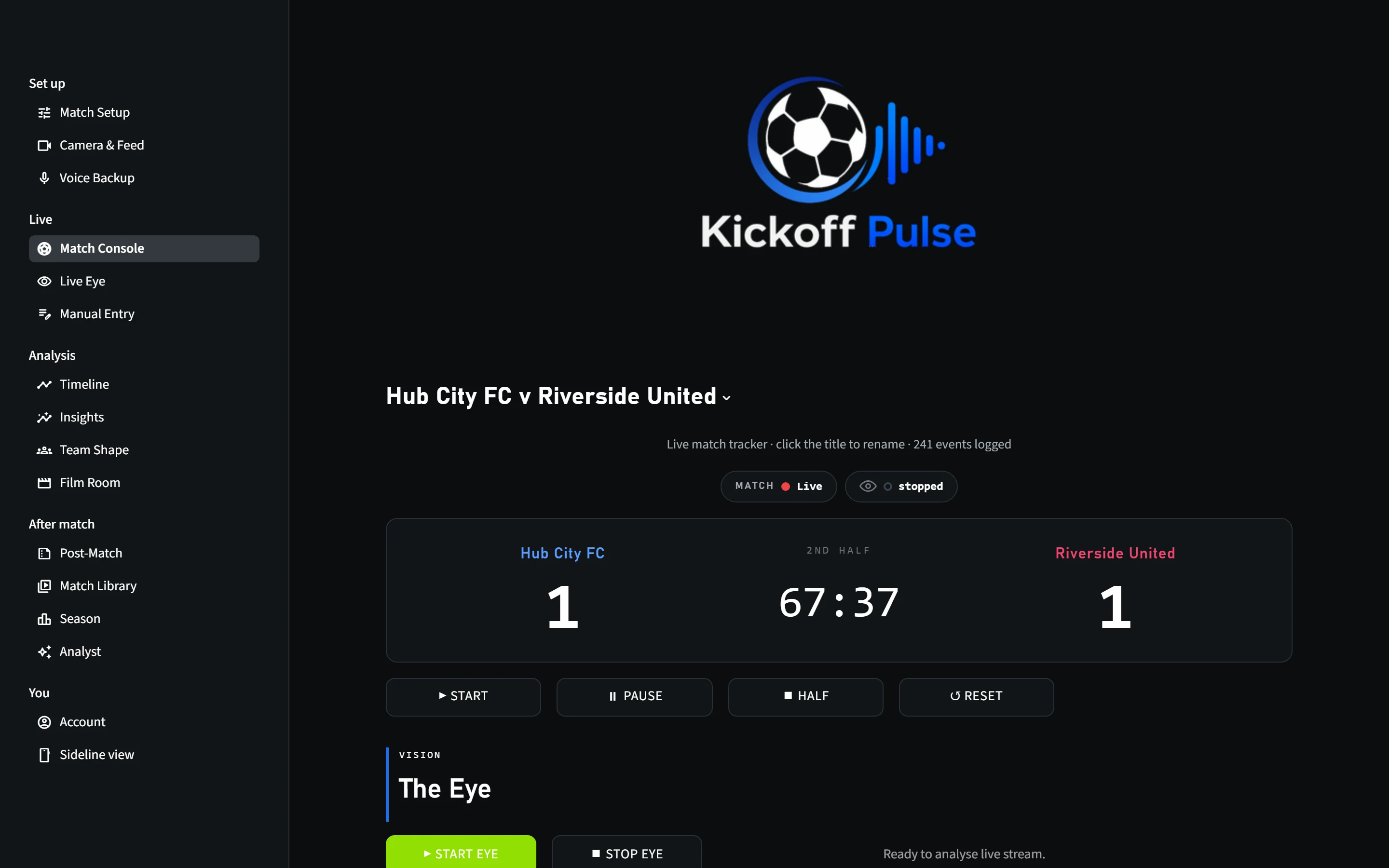 Kickoff Pulse live match console generated from a sandboxed real event log