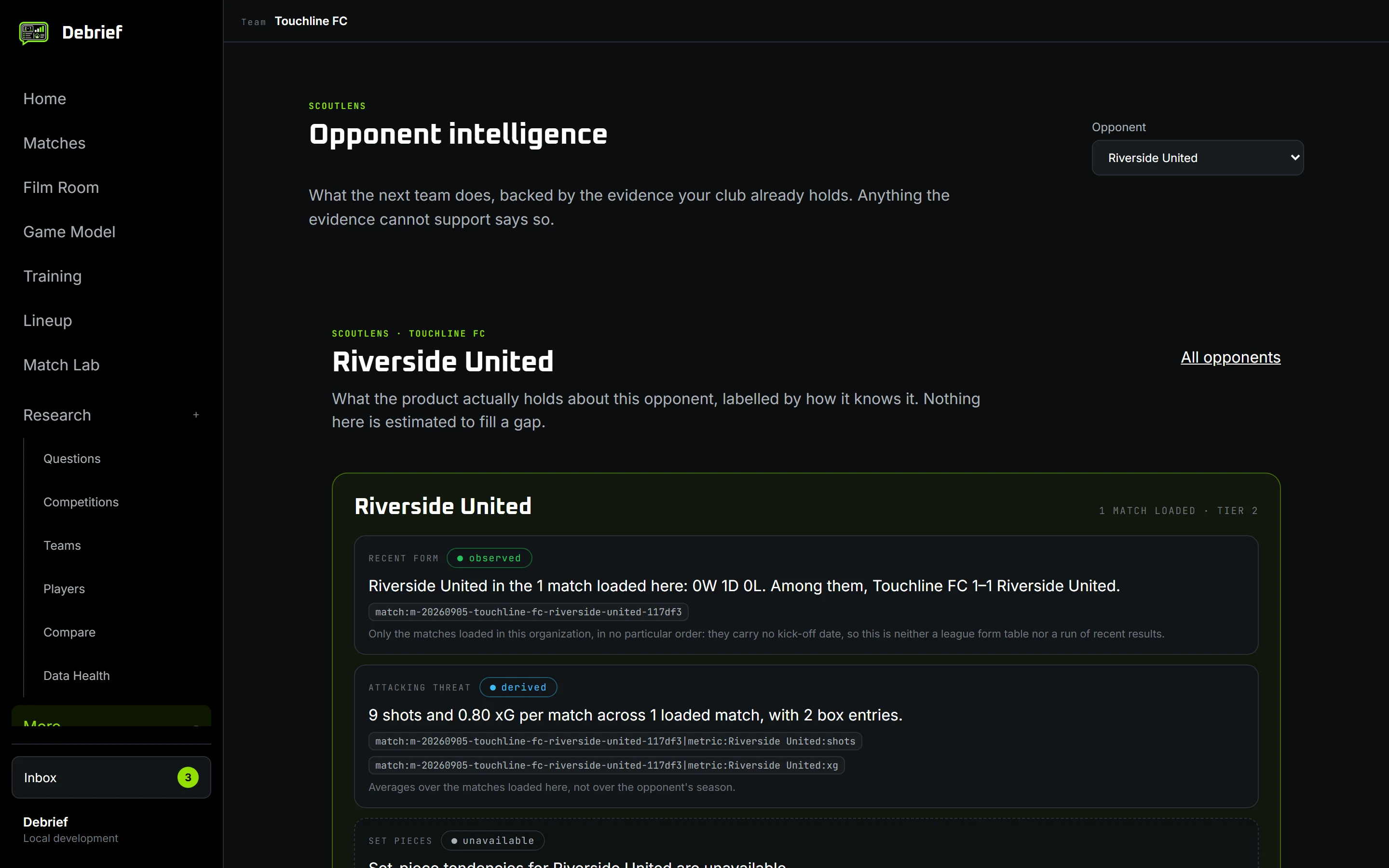 ScoutLens opponent card with observed, derived, and unavailable evidence labels